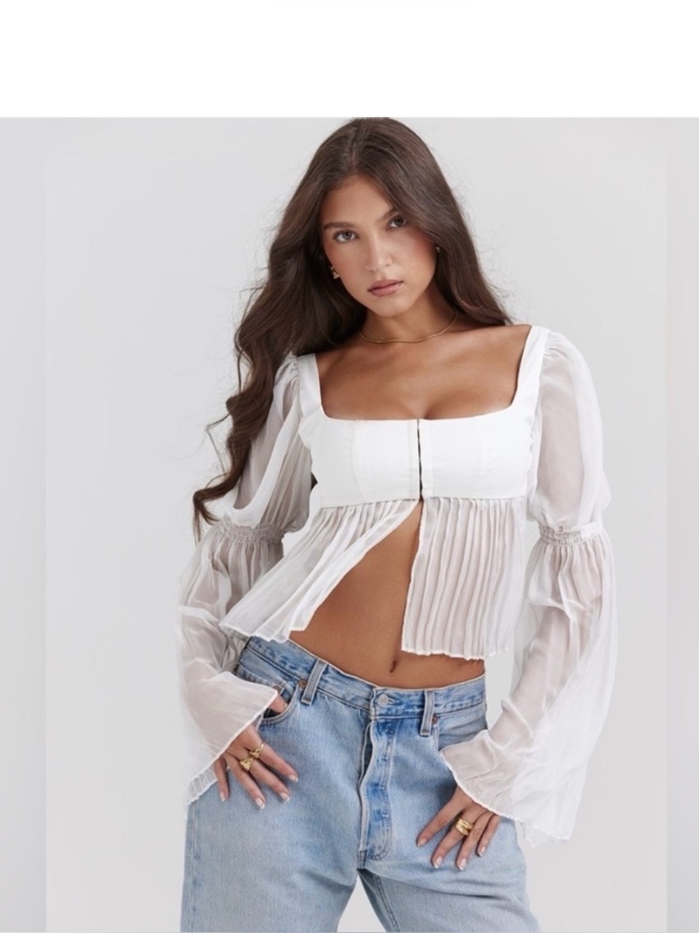 House of CB White Sheer Puff Sleeve Peplum Blouse